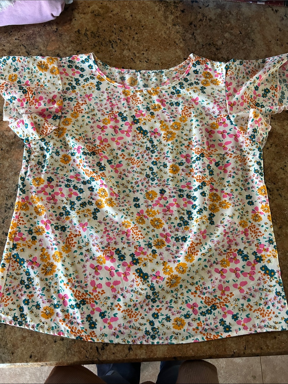 SHEIN White Floral Ruffle Sleeve Blouse with Pink, Yellow & Teal Flowers